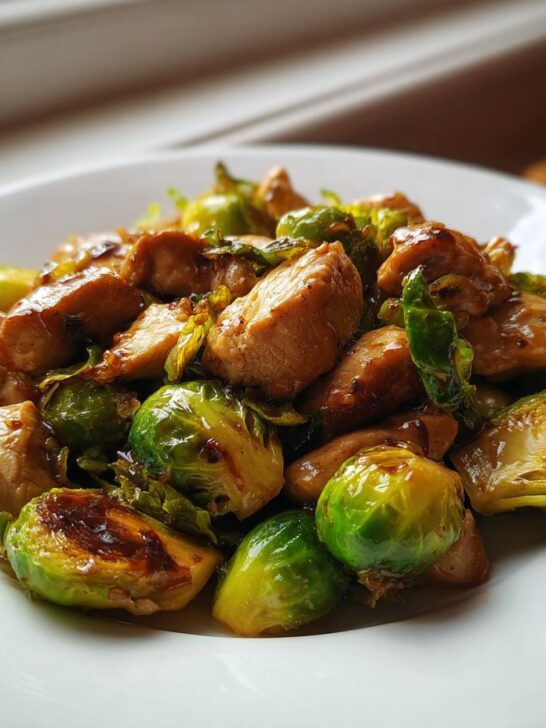 A close-up of a serving of Peeled Brussels Sprout With Chicken glazed in sauce on a white plate.
