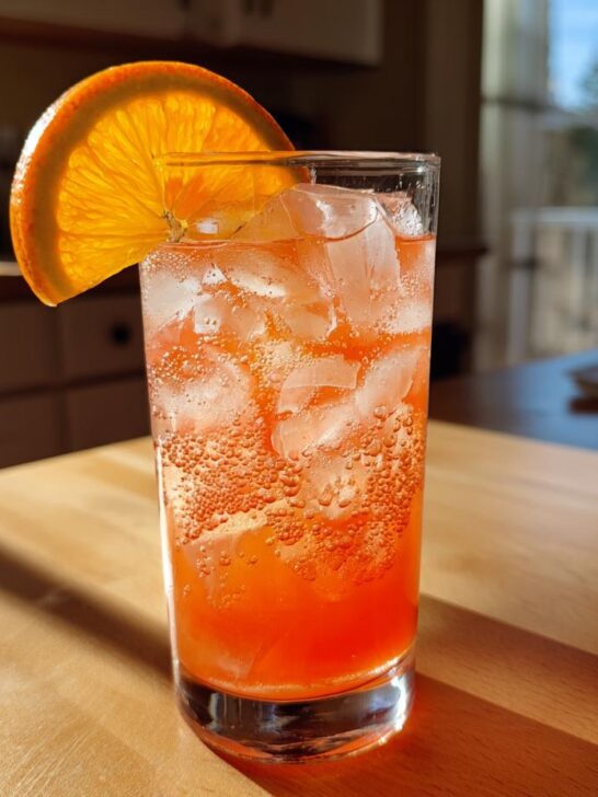 A tall glass filled with a bright orange, bubbly Orange Crush Mocktail over ice, garnished with a fresh orange slice.