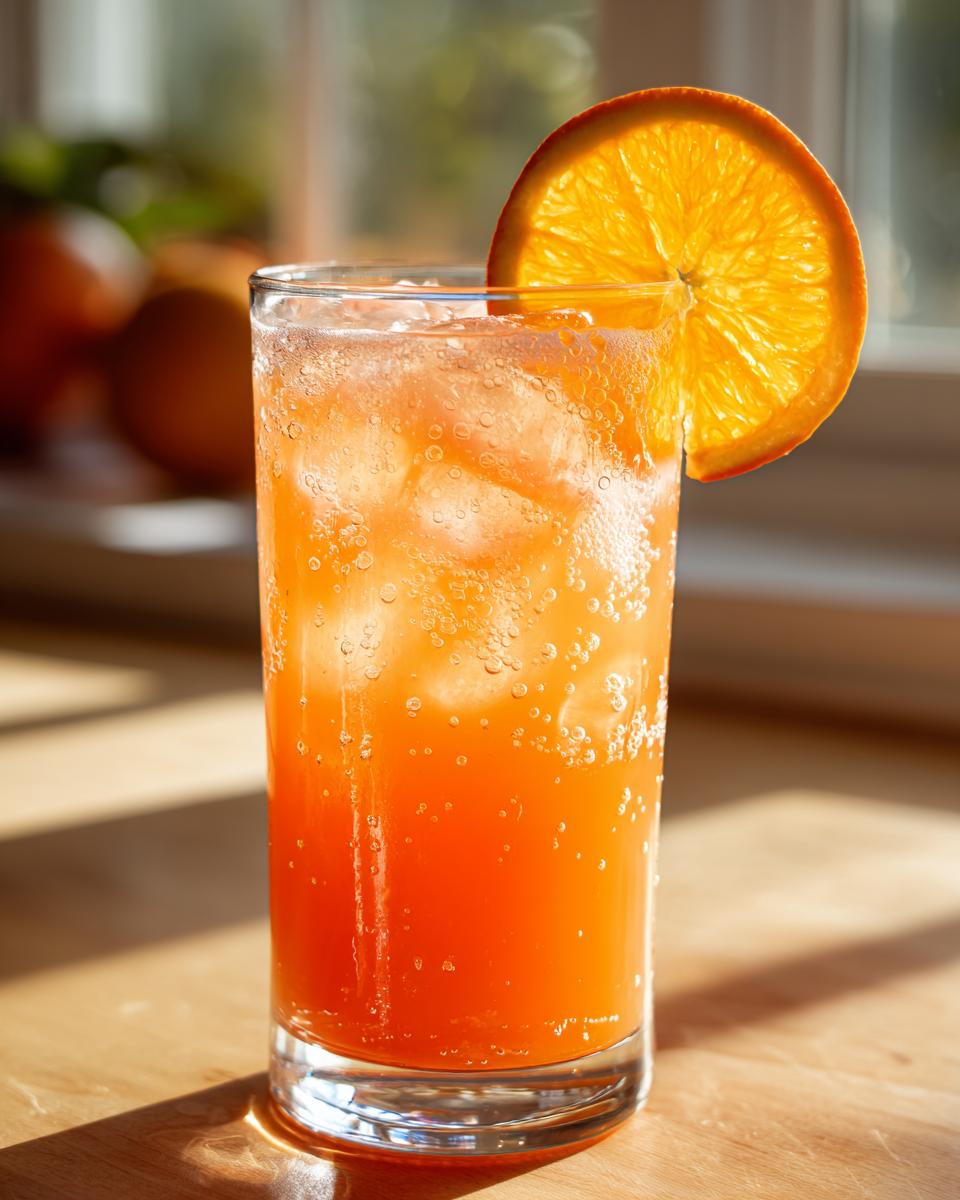 A tall glass filled with a bubbly, bright orange Crush Mocktail, ice cubes, and an orange slice garnish.