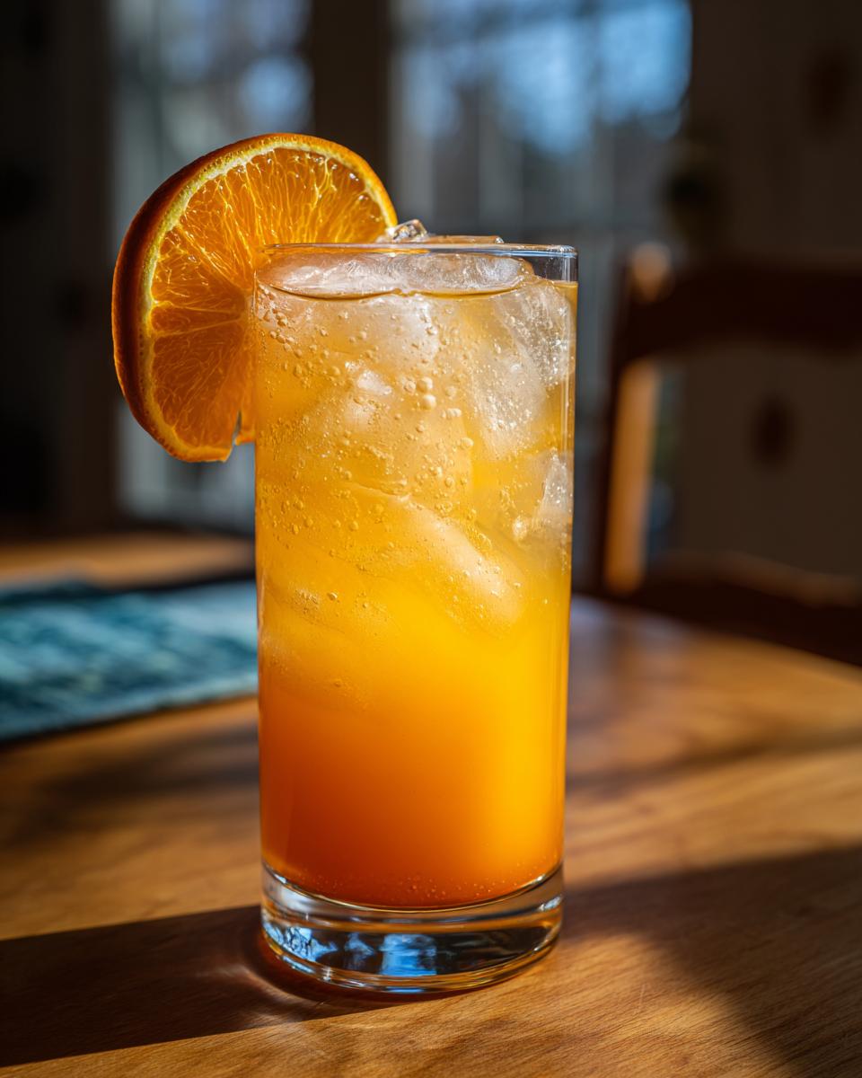 A tall glass filled with an Orange Crush Mocktail, ice, and garnished with a fresh orange slice.