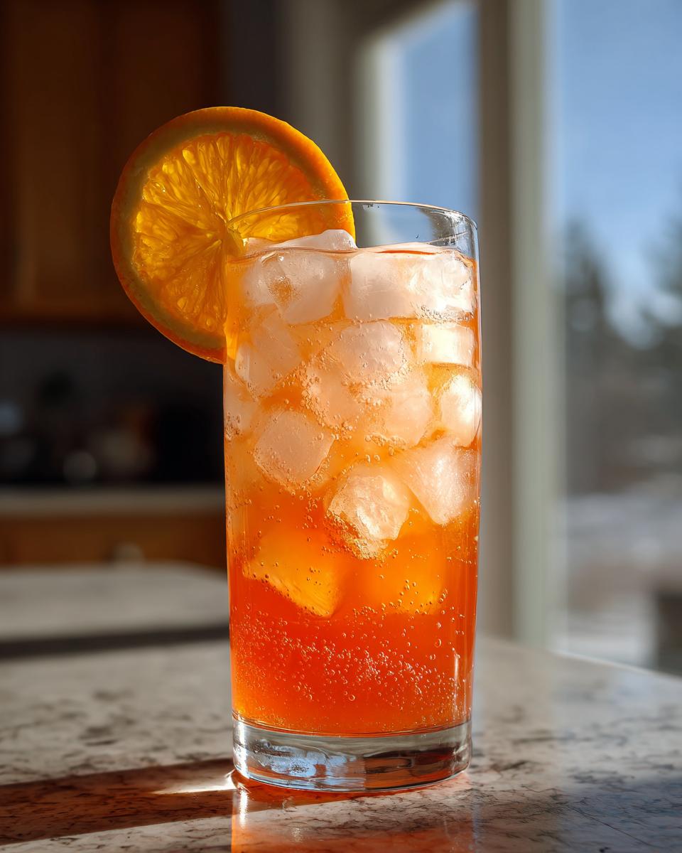 A tall glass filled with a bubbly, bright orange drink, ice cubes, and garnished with an orange slice, perfect for an Orange Crush Mocktail.