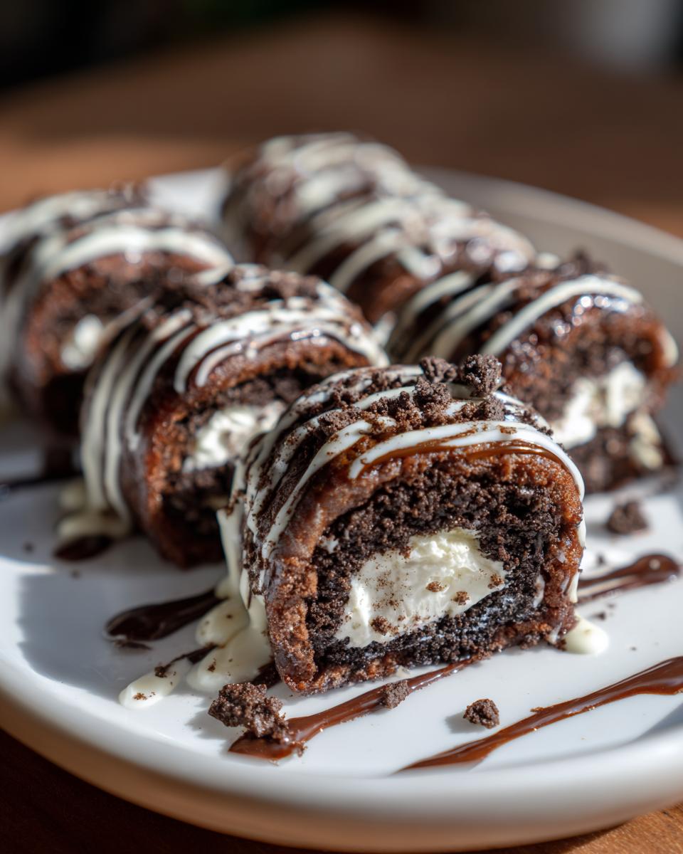 Close-up of decadent Oreo Sushi Rolls filled with cream, drizzled with white and dark chocolate sauce.