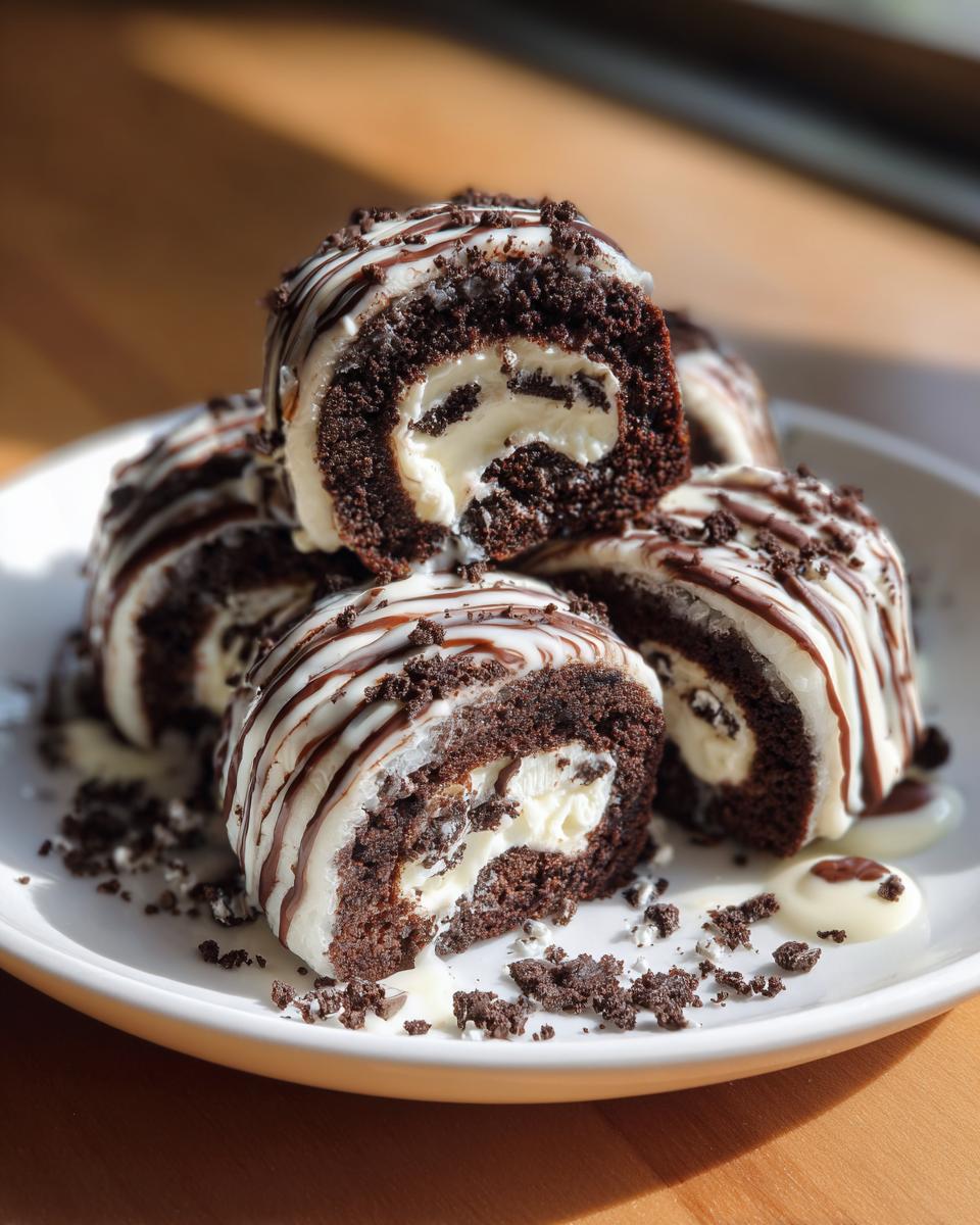 A stack of rich chocolate Oreo Sushi Rolls filled with cream, drizzled with white chocolate, and topped with cookie crumbs.