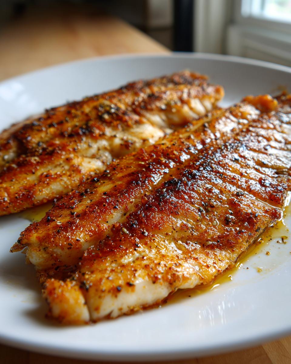 Two golden brown, seasoned fillets of Pan Fried Tilapia resting on a white plate with visible oil.