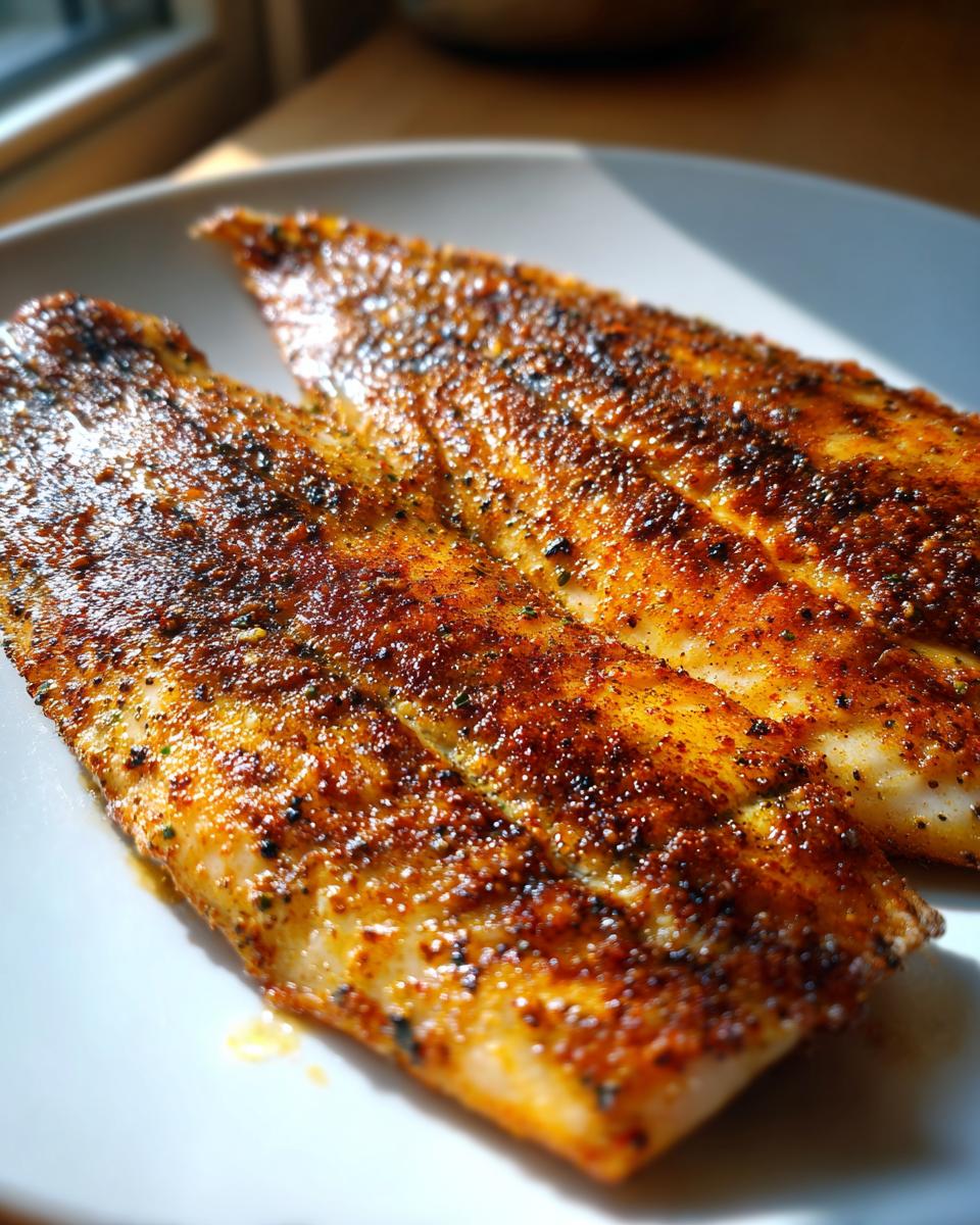 Two perfectly cooked fillets of Pan Fried Tilapia seasoned with a dark, savory spice rub, resting on a white plate.