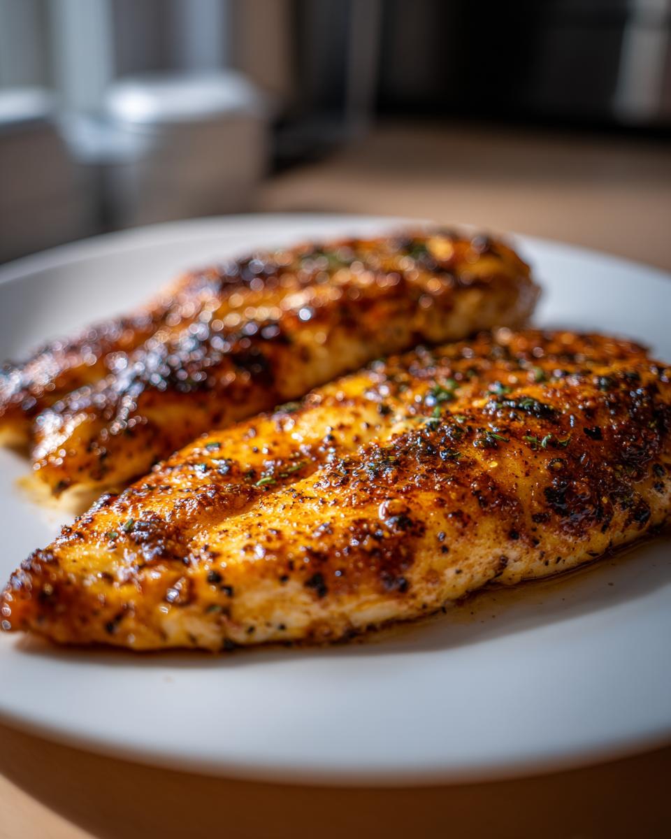 Two golden brown, perfectly seasoned Pan Fried Tilapia fillets resting on a white plate, showing a nice sear.