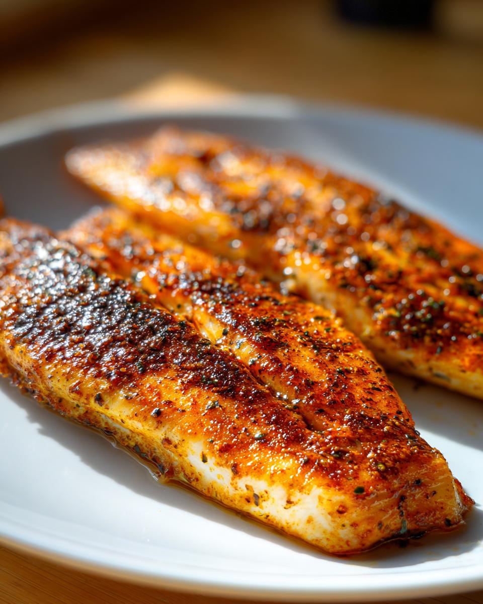 Close-up of two golden brown, seasoned Pan Fried Tilapia fillets resting on a white plate.