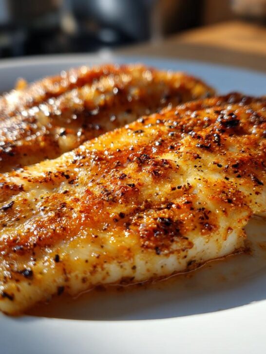 Close-up of two golden brown Pan Fried Tilapia fillets seasoned with spices, resting on a white plate.