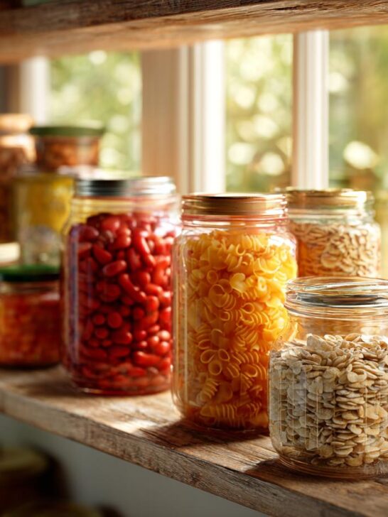 Various pantry foods like pasta, beans, and oats stored in clear glass jars on a wooden shelf, illustrating The Best Pantry Foods To Stock For Fall 2023.