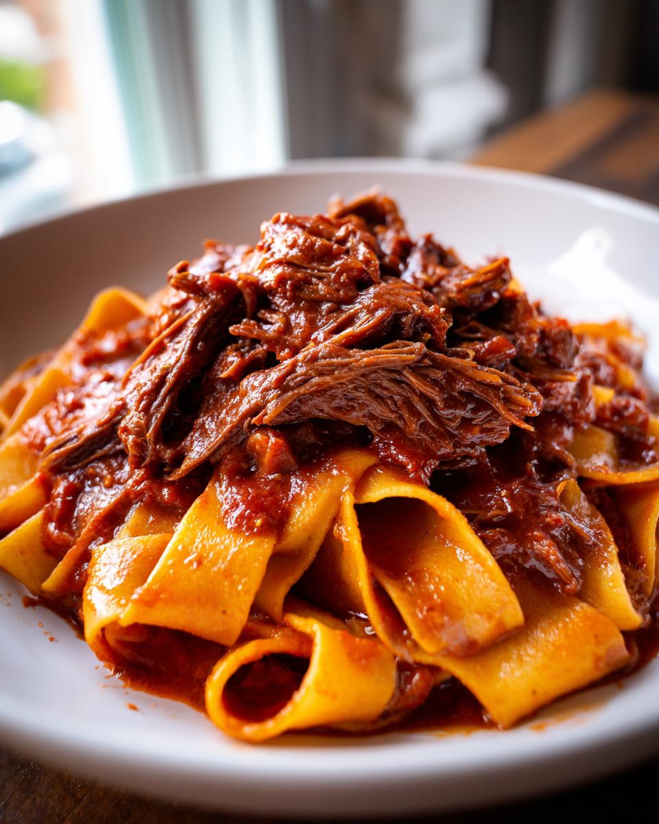 Close-up of wide pappardelle pasta topped generously with shredded Slow Cooker Beef Ragu.