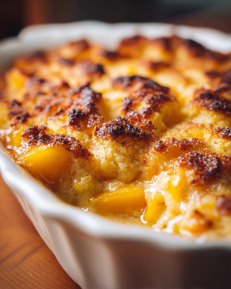 Close-up of bubbling Peach Cobbler With Canned Peaches, featuring caramelized, golden-brown topping over warm, syrupy fruit.