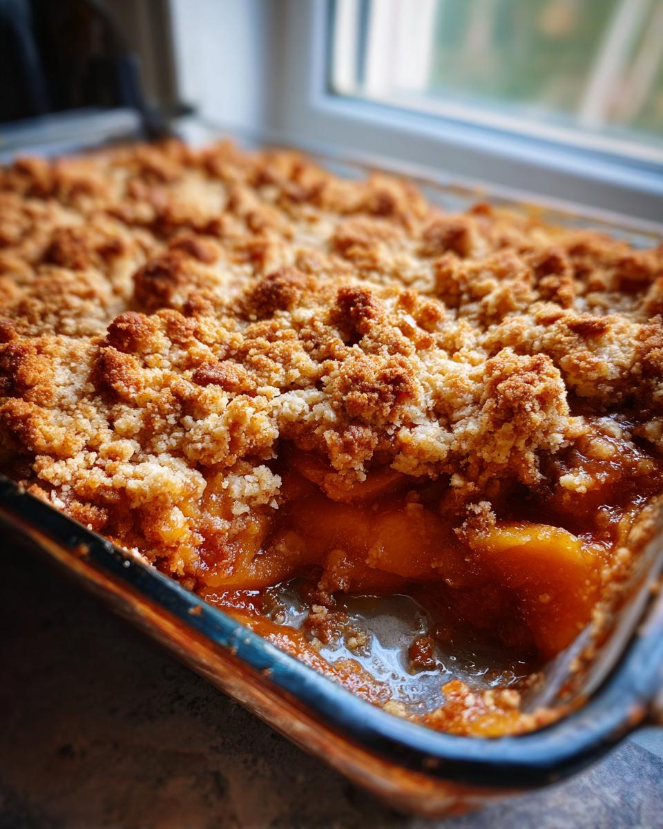 Close-up of a bubbling Peach Cobbler With Canned Peaches in a glass baking dish with a golden brown crumble topping.