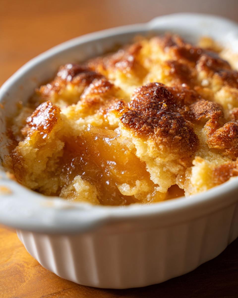 A close-up of warm Peach Cobbler With Canned Peaches showing the golden, bubbly topping and gooey fruit filling in a white ramekin.