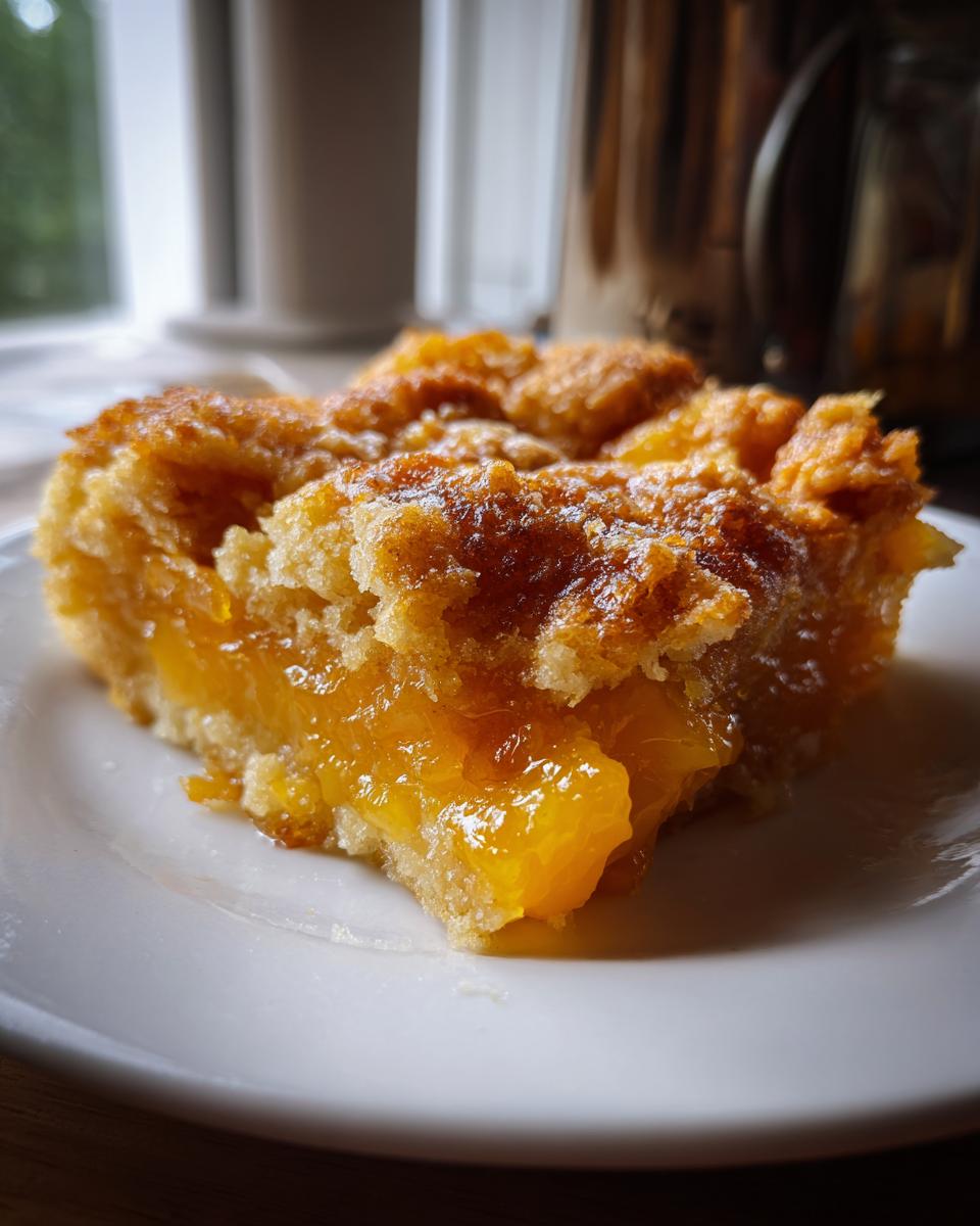 A close-up of a moist slice of Peach Cobbler With Canned Peaches showing the juicy filling and golden topping.