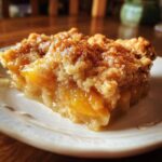 Close-up of a warm, gooey slice of Peach Cobbler With Canned Peaches on a white plate.