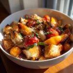 A close-up of a bowl filled with Peach Panzanella Salad featuring toasted bread, ripe peaches, and roasted cherry tomatoes.