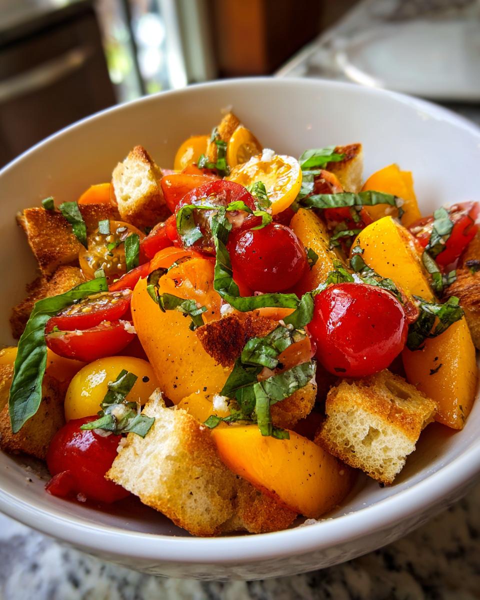 Close-up of a vibrant Peach Panzanella Salad featuring colorful tomatoes, golden peach slices, croutons, and fresh basil.