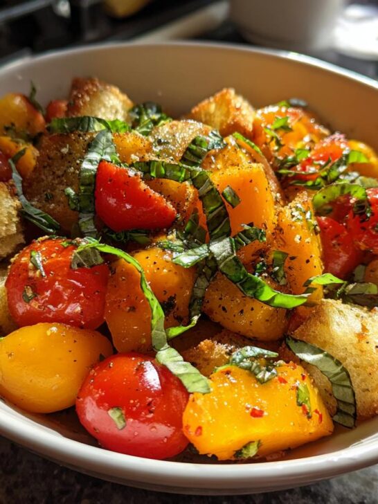 A close-up of vibrant Peach Panzanella Salad featuring chunks of peach, cherry tomatoes, toasted bread, and fresh basil.