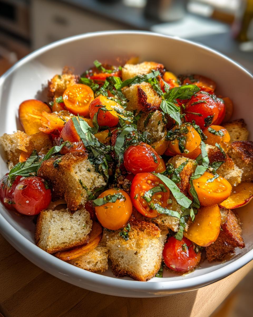 Close-up of a Peach Panzanella Salad featuring toasted bread cubes, cherry tomatoes, and fresh basil.