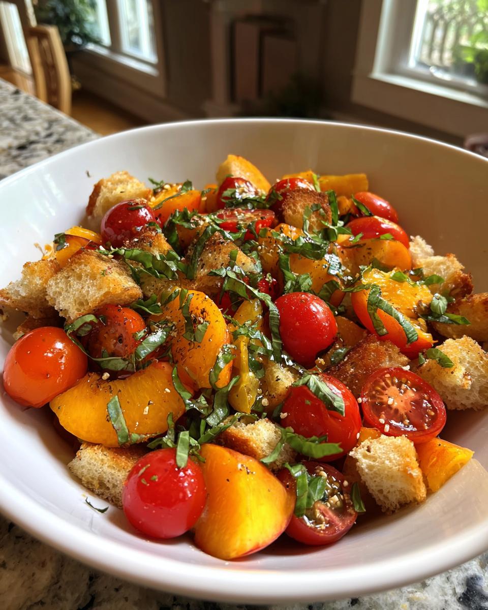A close-up of a vibrant Peach Panzanella Salad featuring orange peach slices, red cherry tomatoes, croutons, and basil.