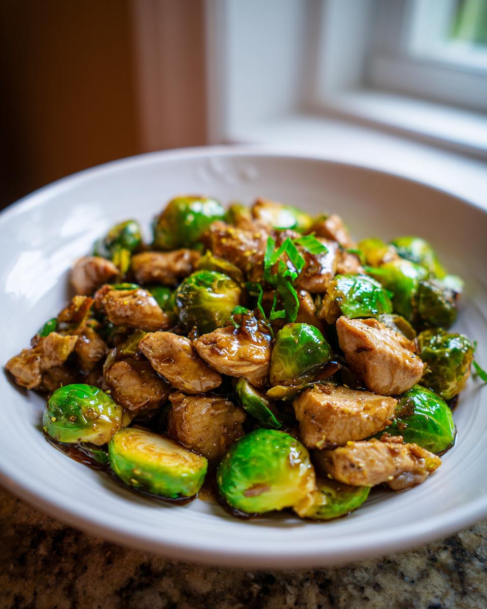 Close-up of Peeled Brussels Sprout With Chicken glazed in sauce, served in a white bowl.