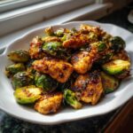 Close-up of pan-seared Peeled Brussels Sprout With Chicken pieces served on a white plate.