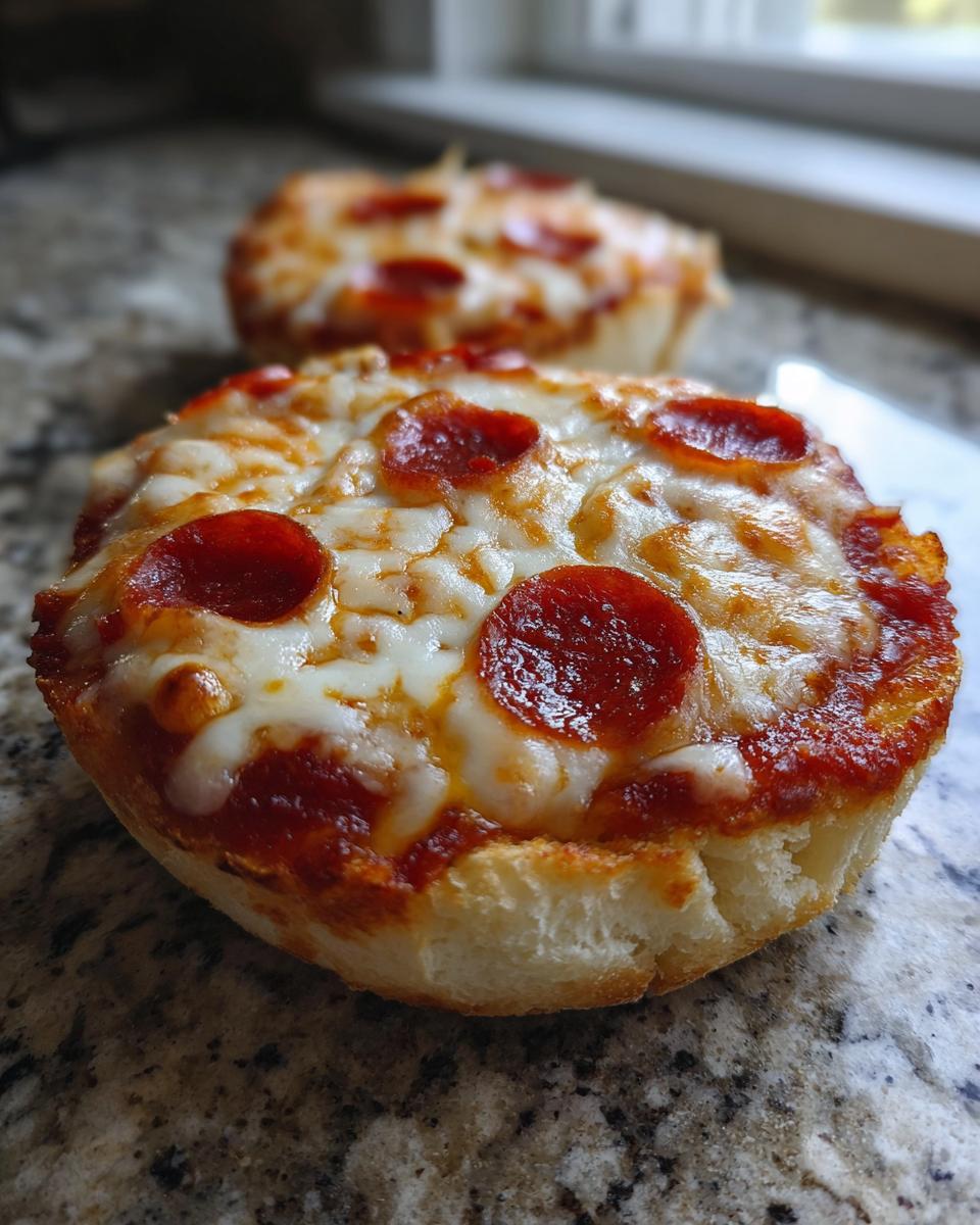Close-up of a freshly baked pepperoni English Muffin Pizza with melted cheese on a granite countertop.