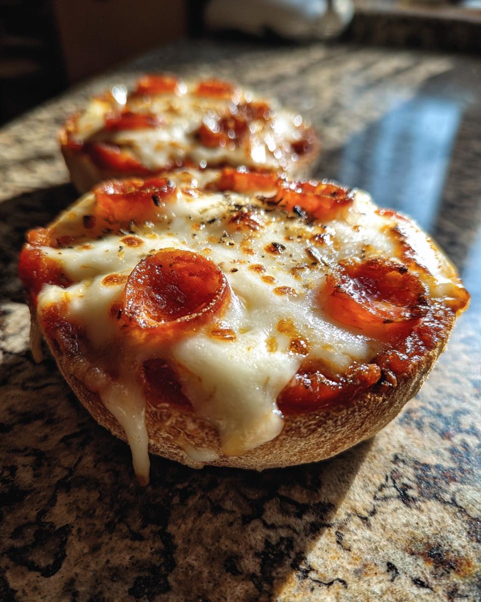 Close-up of a hot, cheesy pepperoni English Muffin Pizza with melted cheese dripping slightly.