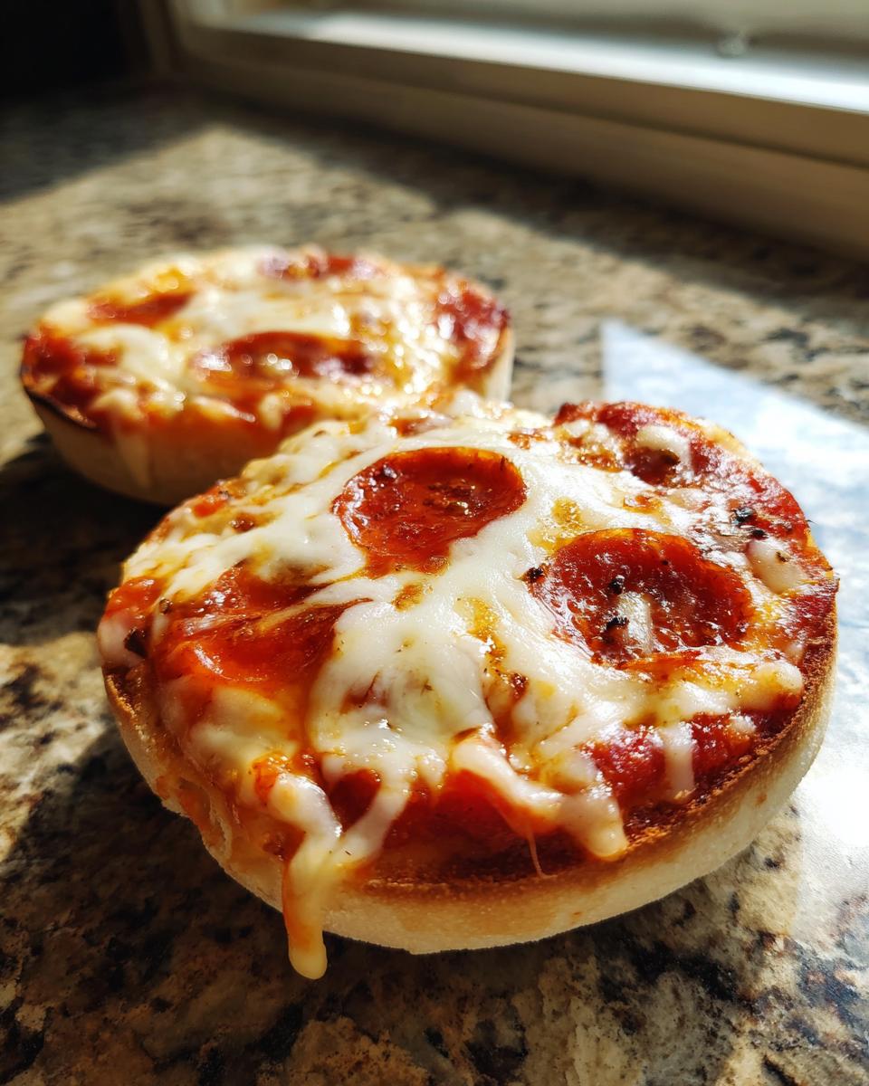 Two freshly baked pepperoni English Muffin Pizzas with melted, gooey cheese sitting on a granite countertop.