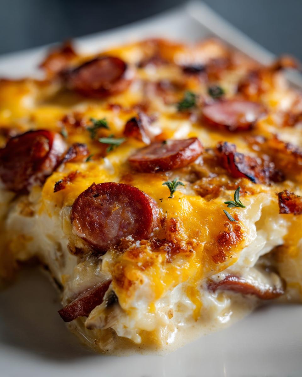 A close-up, appetizing shot of a creamy slice of Pierogi Casserole With Sausage, topped with melted cheddar and browned sausage rounds.
