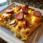 A close-up of a square slice of cheesy Pierogi Casserole With Sausage, topped with browned sausage coins and mushrooms.