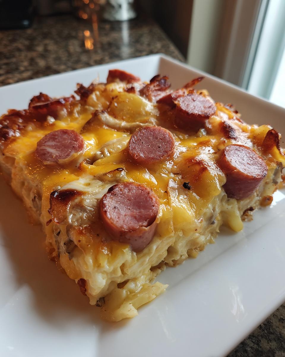 A close-up of a baked slice of Pierogi Casserole With Sausage, topped with melted cheddar cheese.