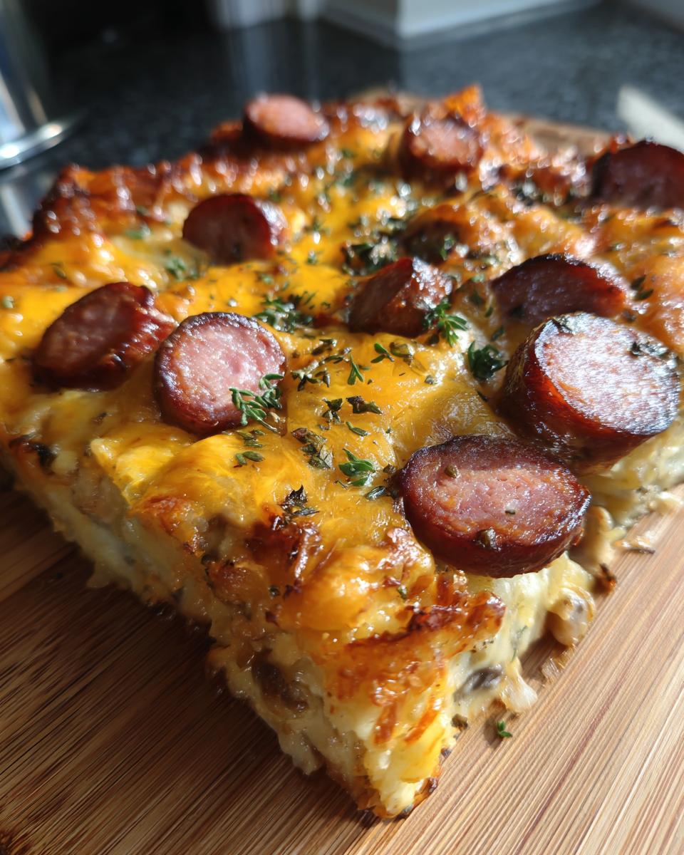 A close-up slice of baked Pierogi Casserole With Sausage, topped with melted cheddar and herbs.