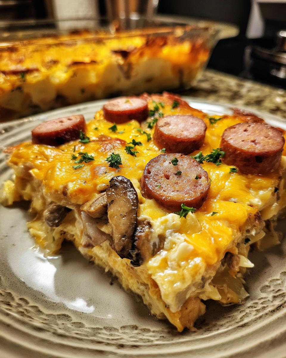 A close-up of a hearty slice of Pierogi Casserole With Sausage, topped with melted cheddar and sliced smoked sausage.