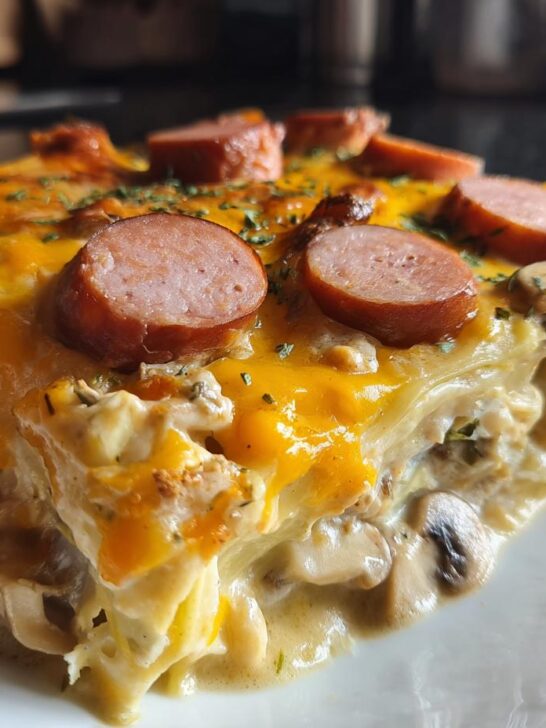 A close-up of a hearty slice of Pierogi Casserole With Sausage, topped with melted cheddar and sliced smoked sausage.