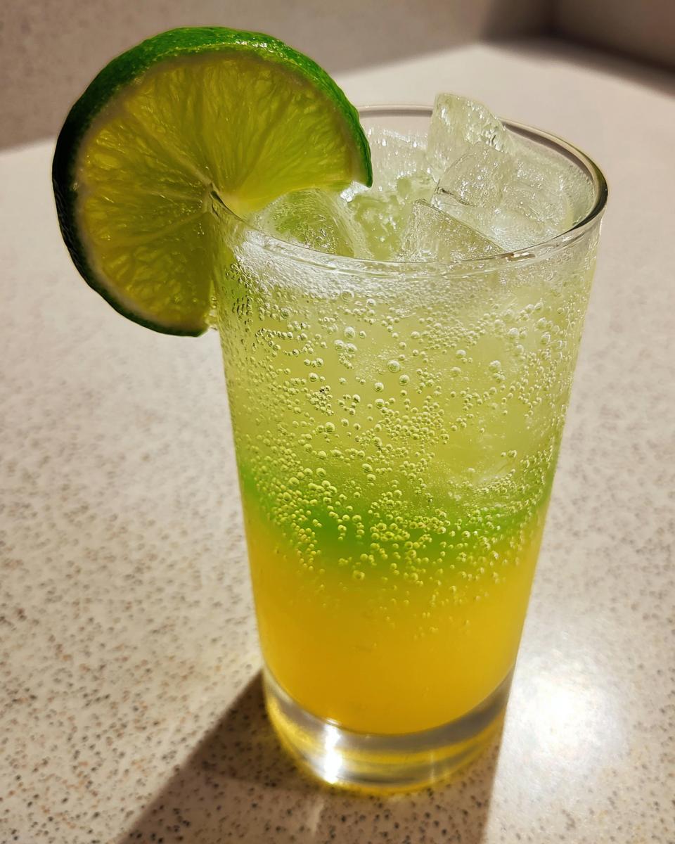 Close-up of a fizzy Pineapple Jalapeno Lime Mocktail layered yellow and green, garnished with a lime wheel.