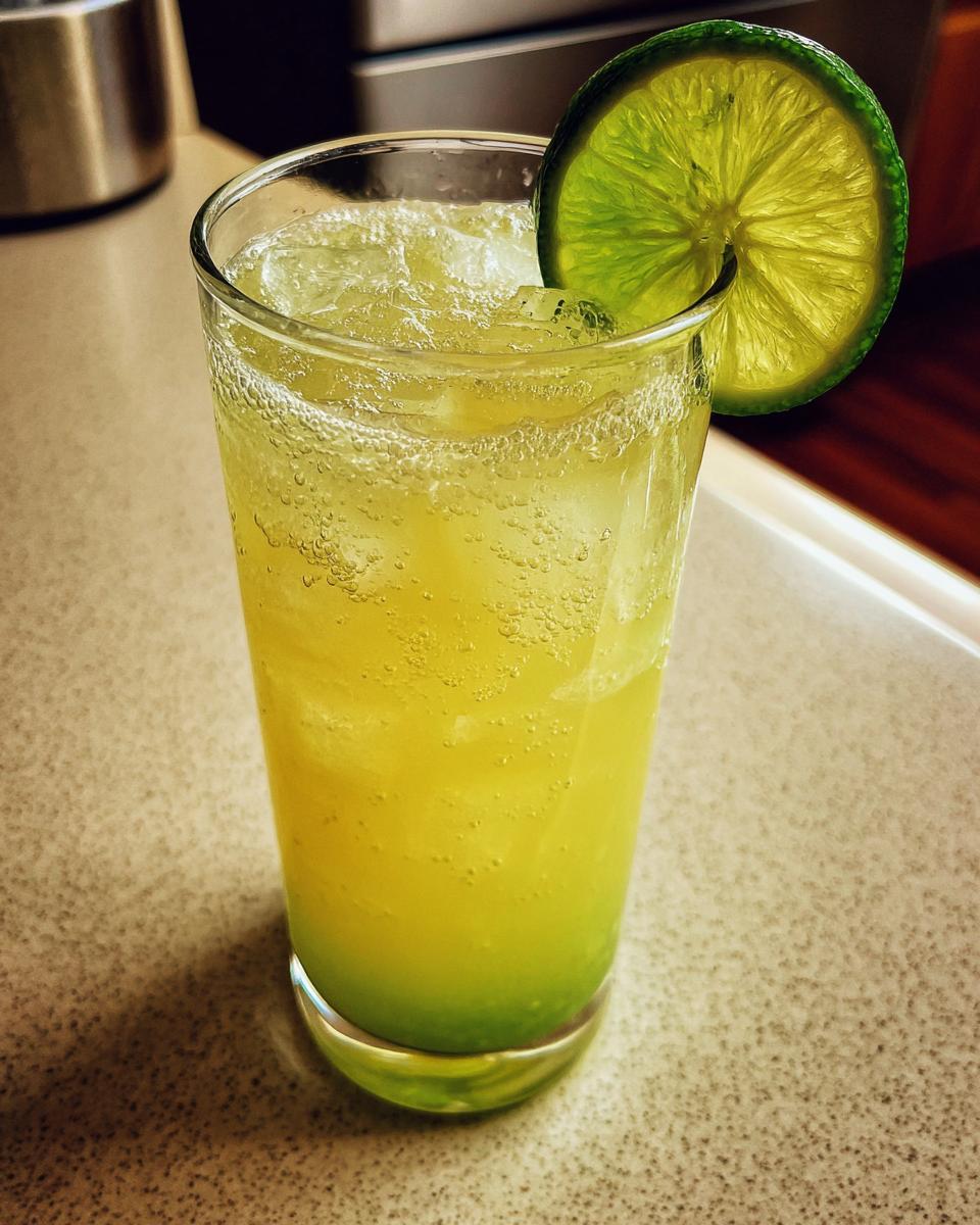 Close-up of a fizzy Pineapple Jalapeno Lime Mocktail garnished with a bright lime wheel.