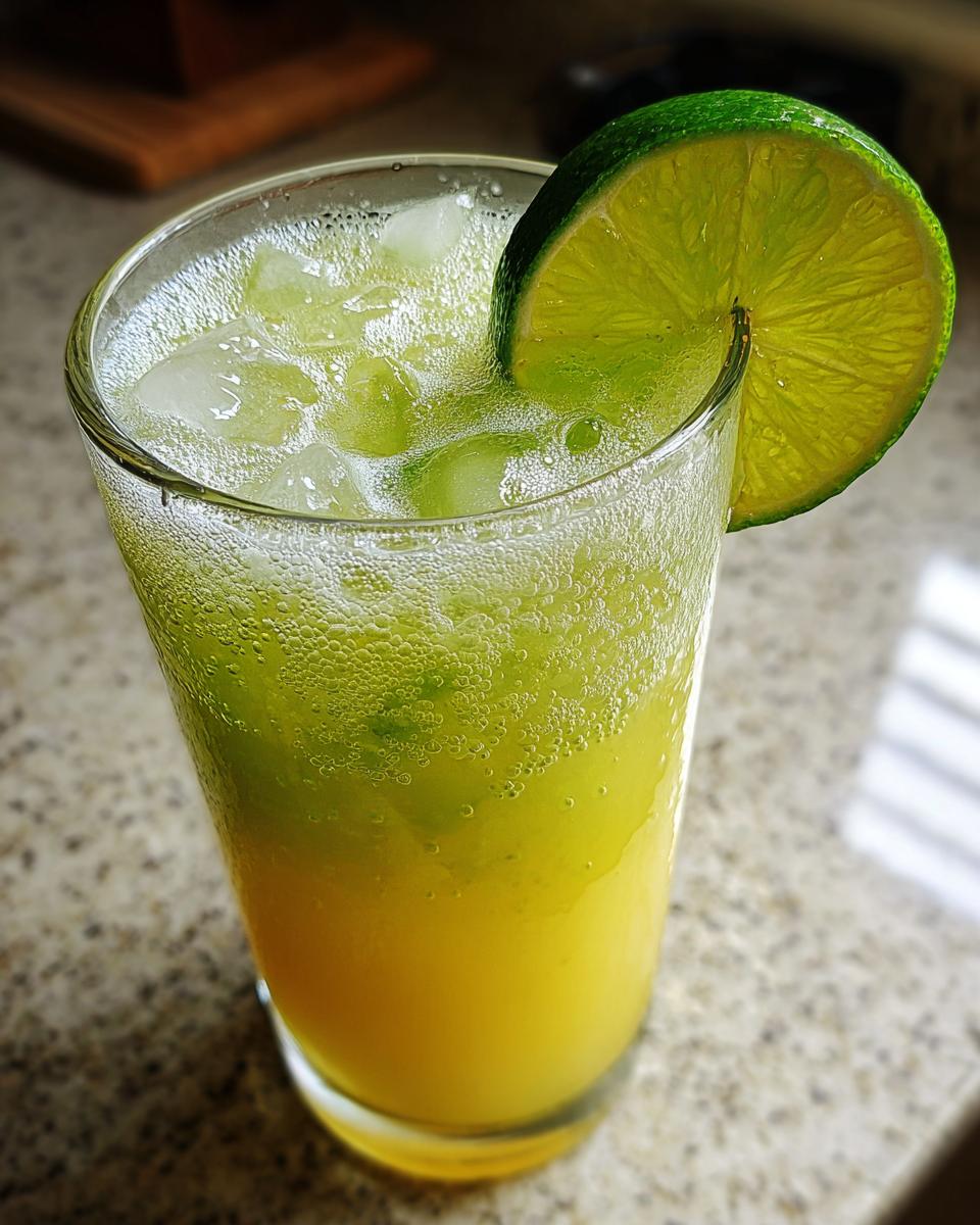 Close-up of a tall glass containing a fizzy Pineapple Jalapeno Lime Mocktail, garnished with a fresh lime wheel.