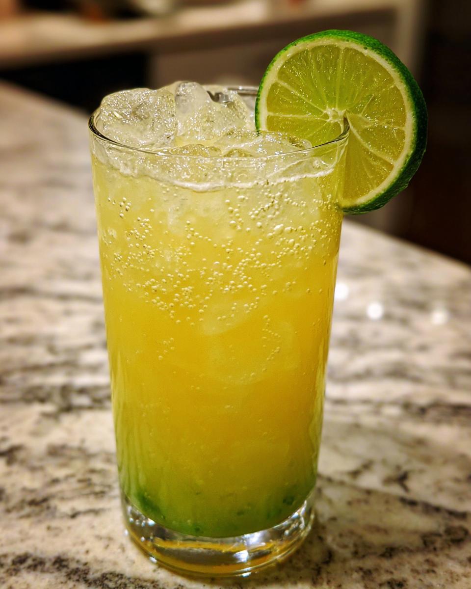 Close-up of a tall glass filled with a bubbly, yellow Pineapple Jalapeno Lime Mocktail over ice, garnished with a lime wheel.