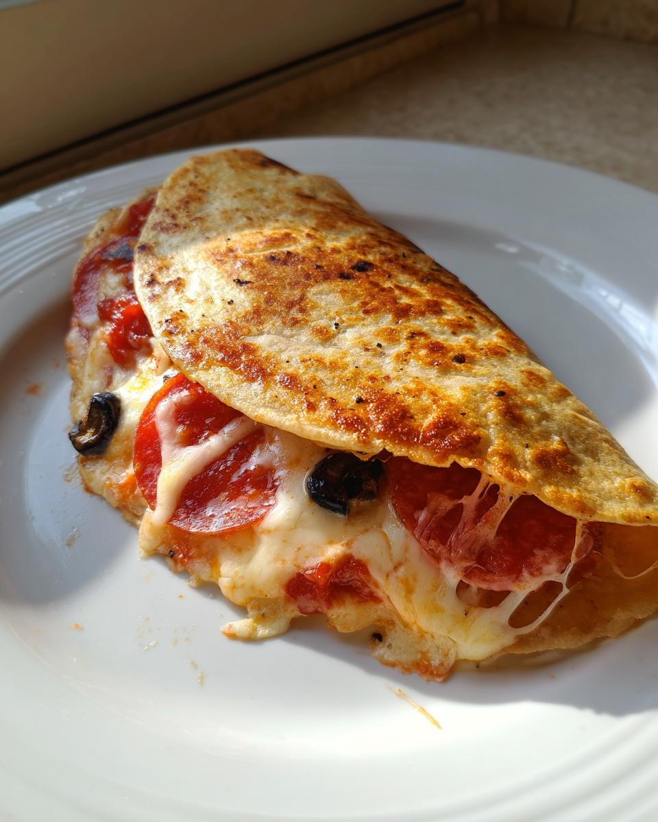 A golden-brown Pizza Quesadillas folded in half, showing melted mozzarella cheese, pepperoni slices, and black olives.