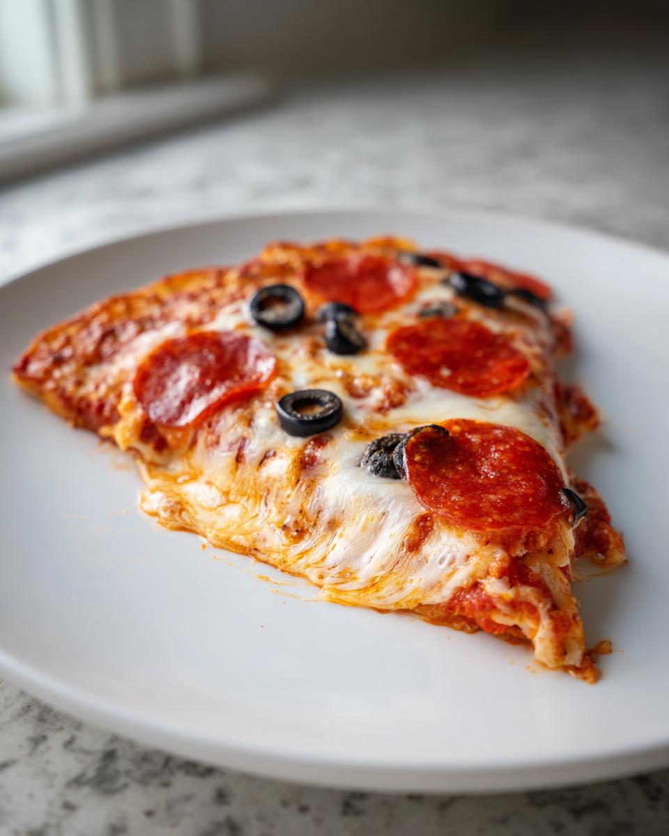 Close-up of a slice of Pizza Quesadillas topped with melted mozzarella, pepperoni, and black olives on a white plate.