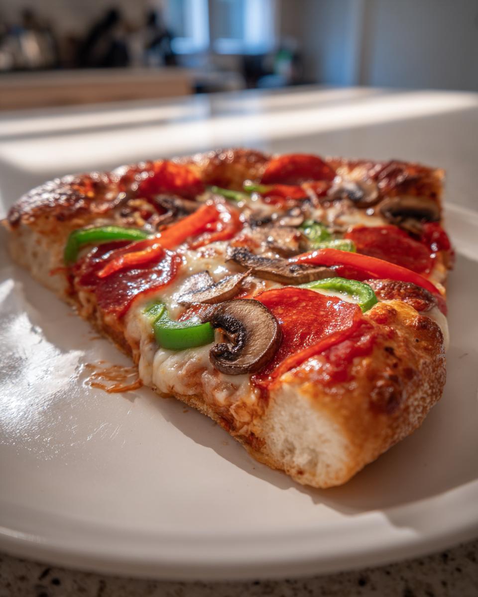 Close-up of a thick-crust pizza slice showing pepperoni, mushrooms, and peppers, illustrating great Best Pizza Toppings For Any Night.