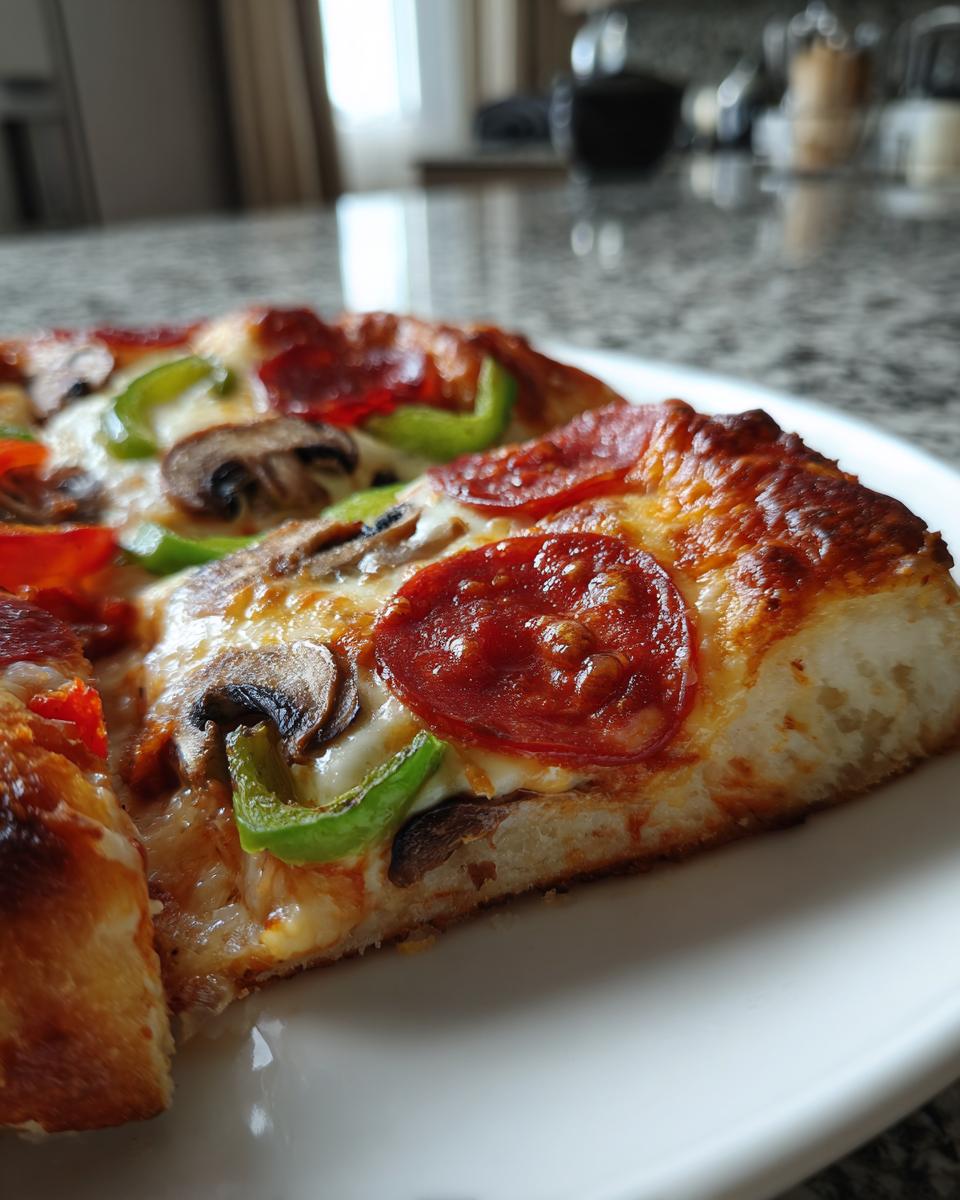 Close-up of a thick-crust pizza slice showing pepperoni, mushrooms, and green peppers, illustrating great pizza toppings.