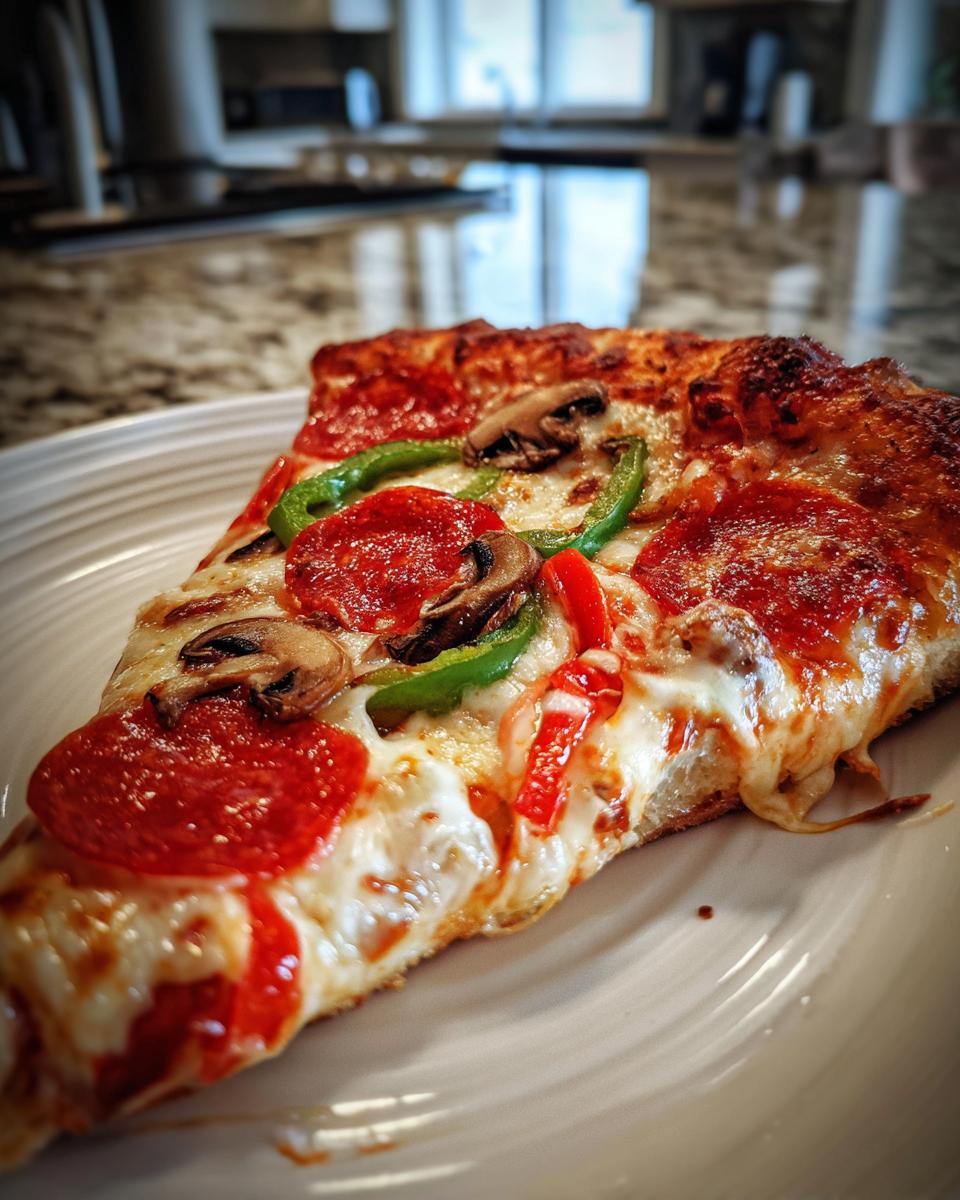 Close-up of a delicious slice of pizza featuring pepperoni, mushrooms, green peppers, and melted cheese, one of the Best Pizza Toppings For Any Night.