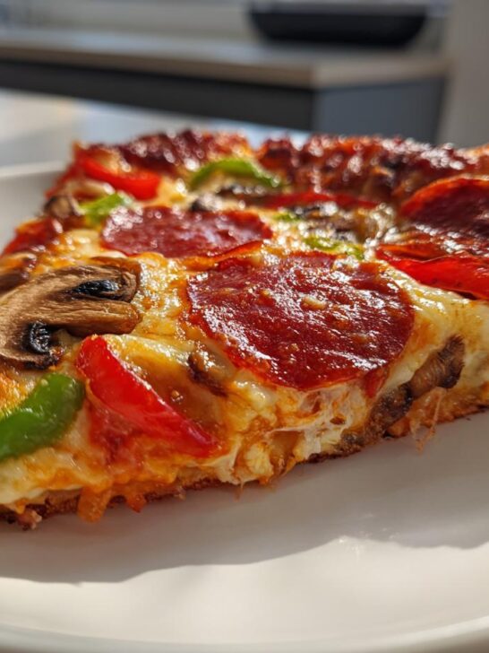 A close-up of a thick-crust pizza slice showing pepperoni, mushrooms, and peppers, illustrating some of the Best Pizza Toppings For Any Night.