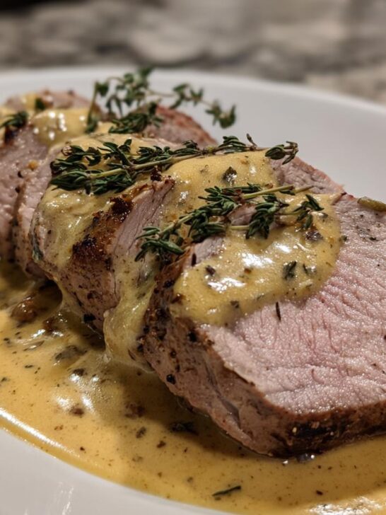 Close-up of sliced Pork Tenderloin With Dijon Cream Sauce, garnished with fresh thyme sprigs.