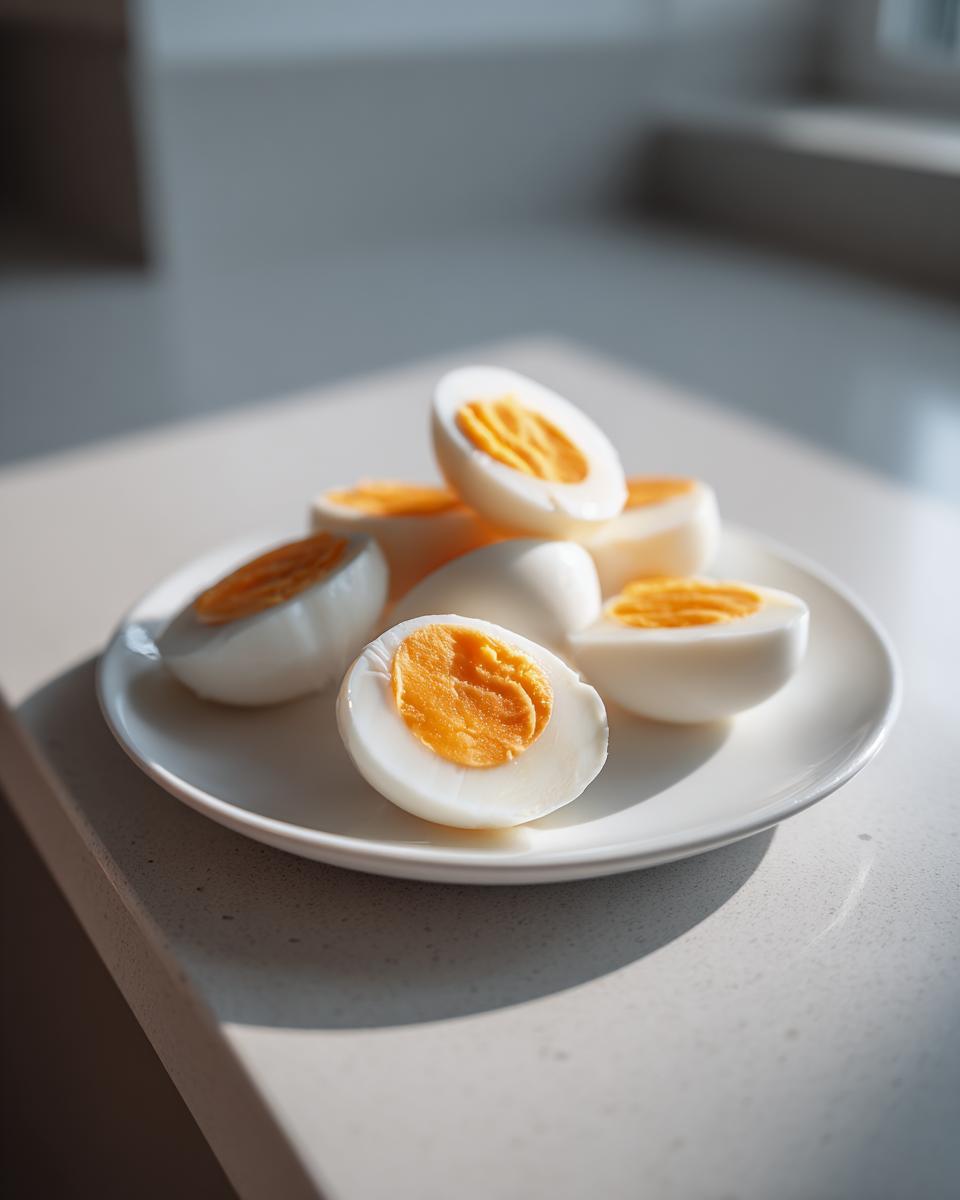 Several hard-boiled eggs, some halved to show bright orange yolks, after preparing boiled eggs using an air fryer.