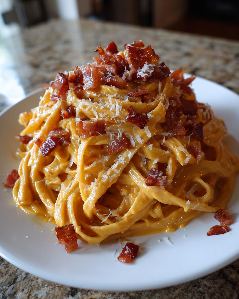Close-up of a serving of Pumpkin Alfredo Pasta With Prosciutto, topped with crispy bacon bits and grated cheese.