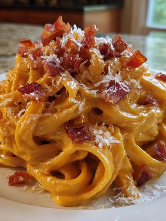 A serving of creamy Pumpkin Alfredo Pasta With Prosciutto topped with crispy bacon bits and grated cheese.