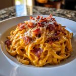 A close-up of creamy Pumpkin Alfredo Pasta With Prosciutto topped with crispy bacon pieces and grated Parmesan cheese.